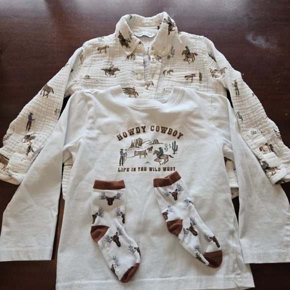Janie and Jack Cowboy-Themed Button Down Shirt Set - White and Brown - Picture 2 of 4